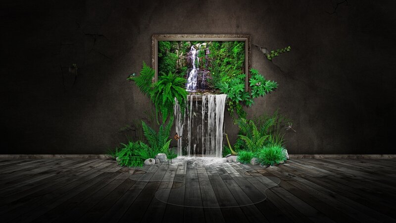 Waterfall in Framed Picture — Green, Serene, Digital Art