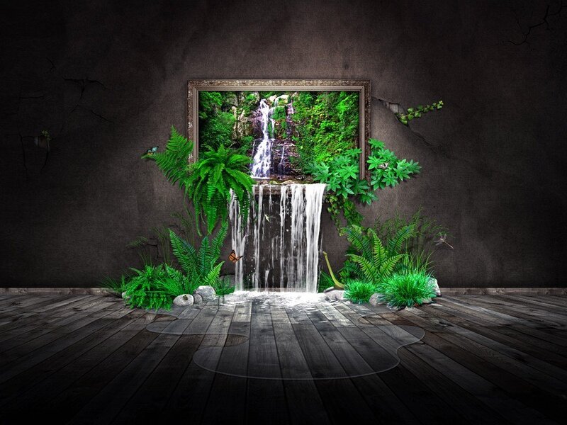 Waterfall in Framed Picture — Green, Serene