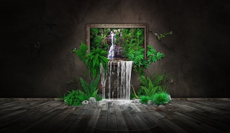 Waterfall in Framed Picture — Green