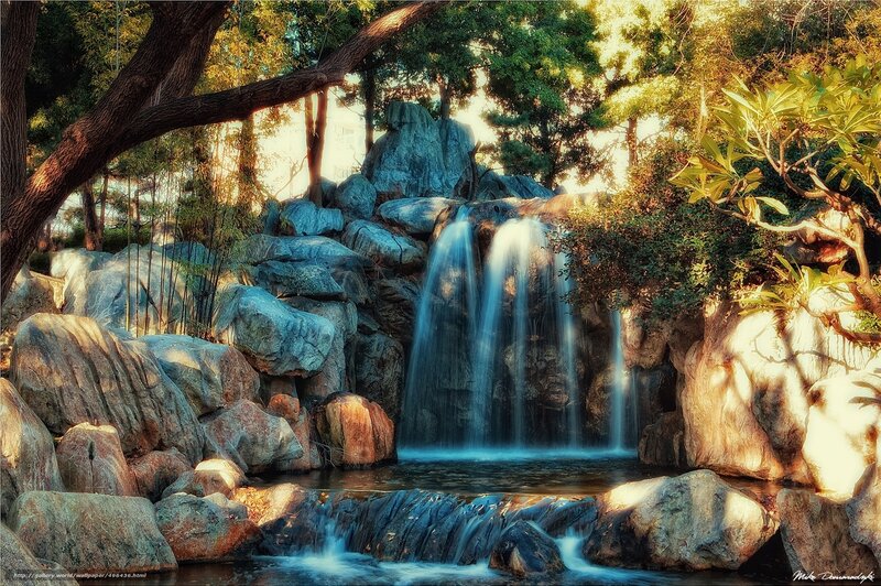 Waterfall in Garden — Blue, Serene, Afternoon