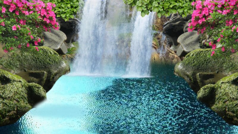 Waterfall in Garden — Blue, Serene, Spring