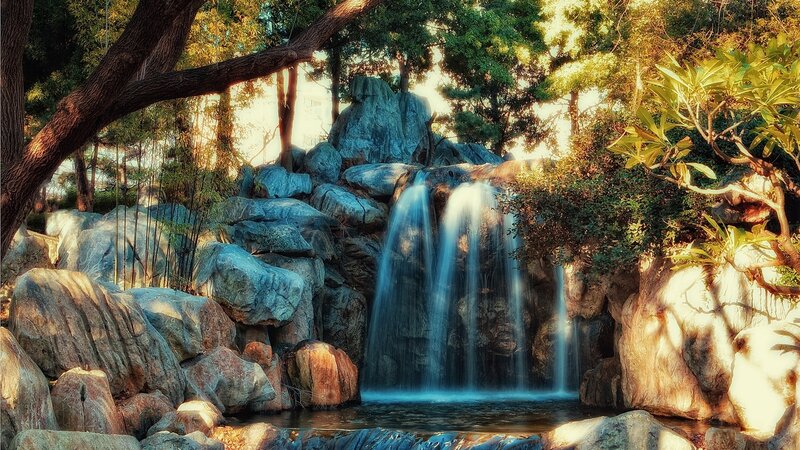 Waterfall in Garden — Blue, Serene
