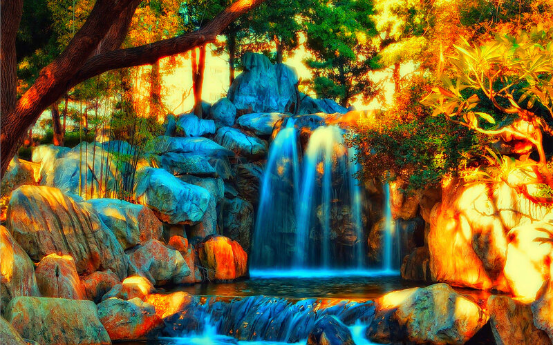 Waterfall in Garden — Blue