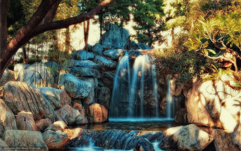 Waterfall in Garden — Green, Serene, Afternoon, Photograph, Rocks, Trees, Stream