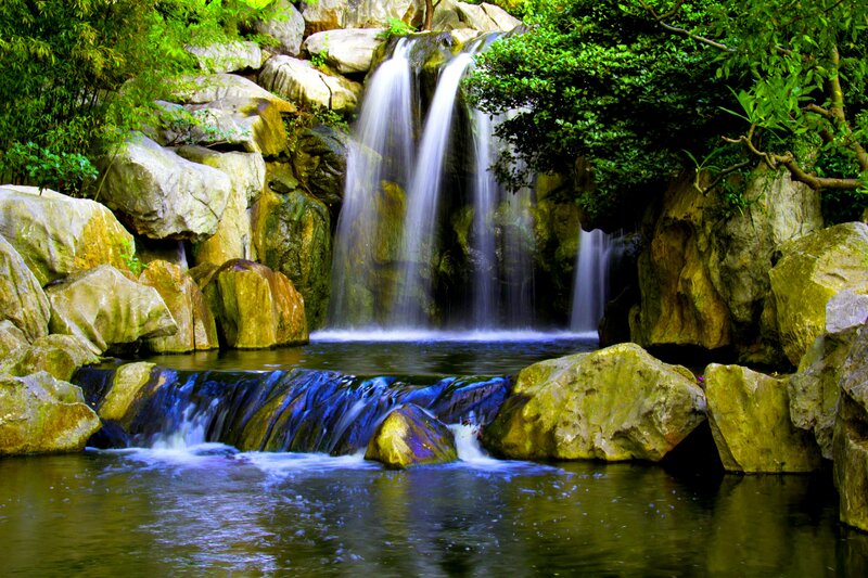 Waterfall in Garden — Green, Serene, Afternoon, Photograph, Rocks, Trees
