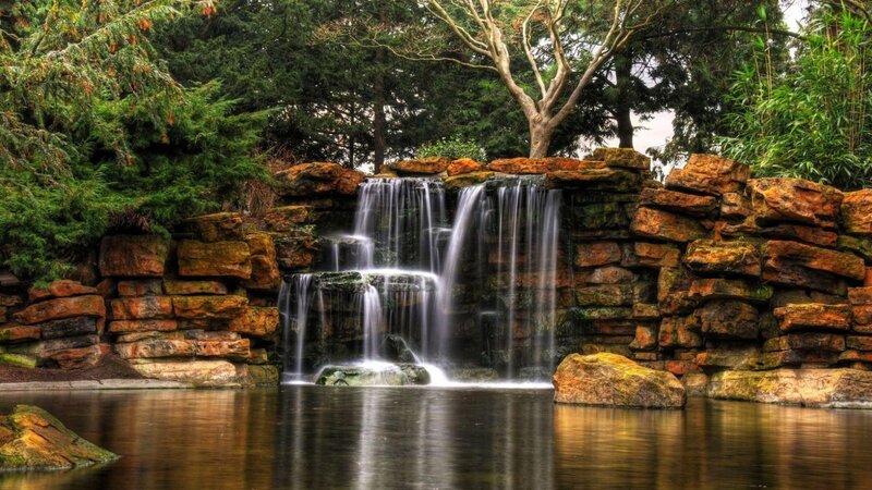 Waterfall in Garden — Green, Serene, Afternoon, Photograph, Trees, Rocks, Pool