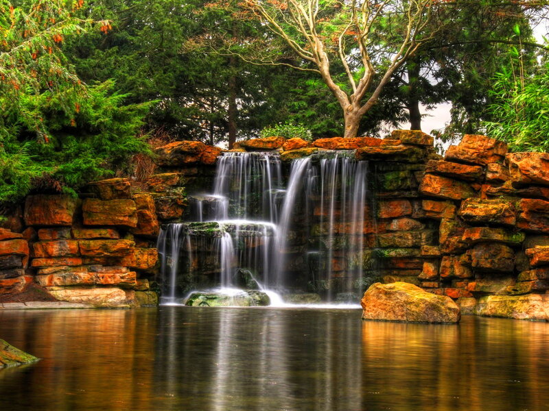 Waterfall in Garden — Green, Serene, Afternoon, Photograph, Trees