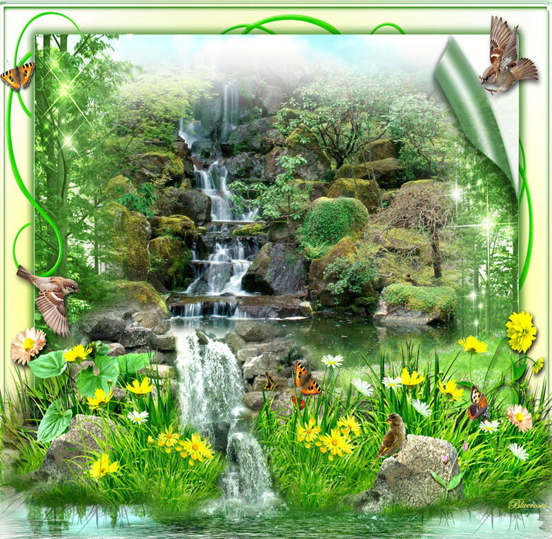 Waterfall in Garden — Green, Serene, Morning