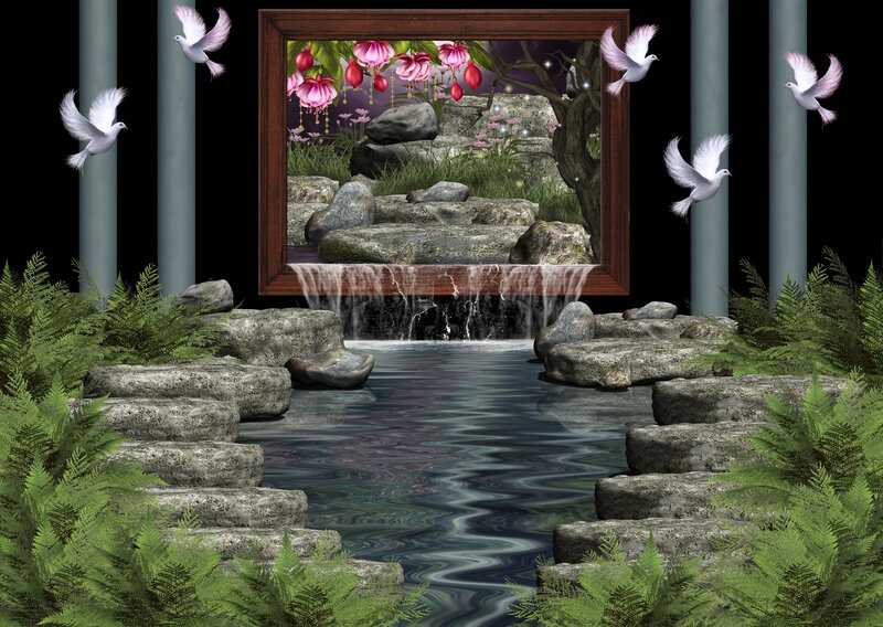 Waterfall in Garden — Green, Serene, Night