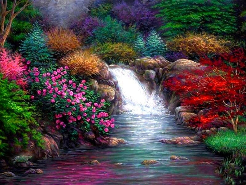 Waterfall in Garden — Green, Serene, Painting
