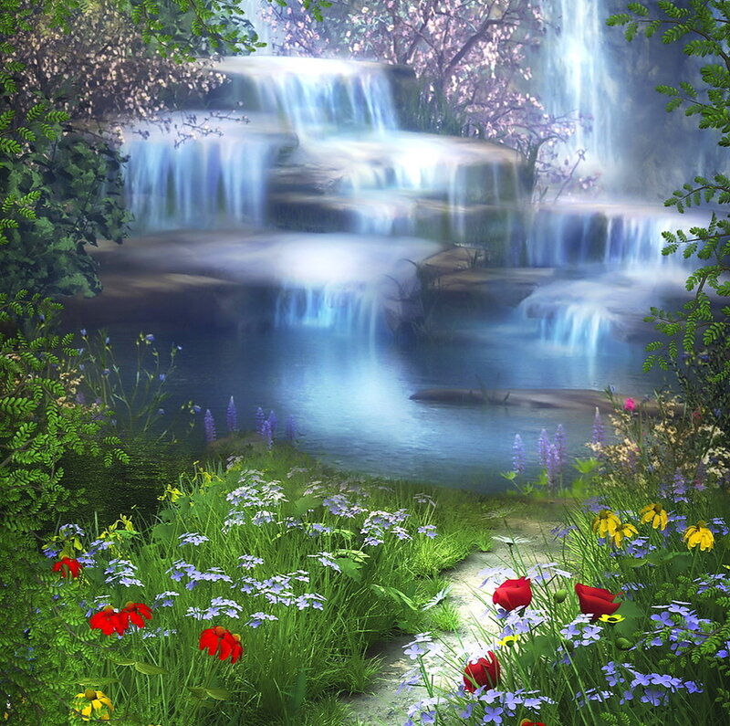 Waterfall in Garden — Green, Serene, Spring, Digital Art
