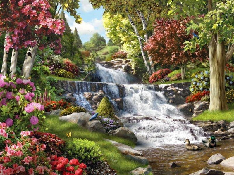 Waterfall in Garden — Green, Serene, Spring, Painting