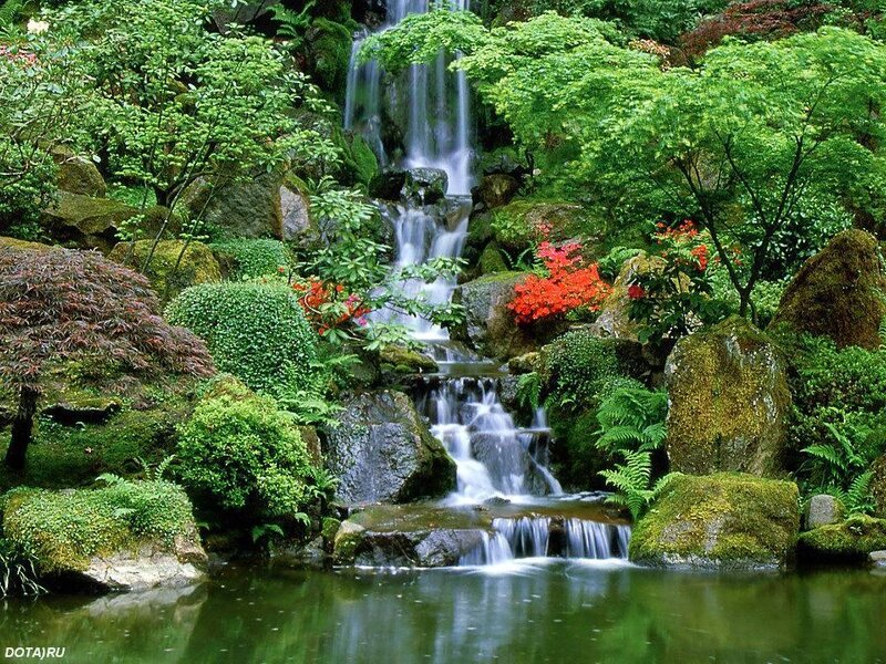 Waterfall in Garden — Green, Serene, Spring, Photograph