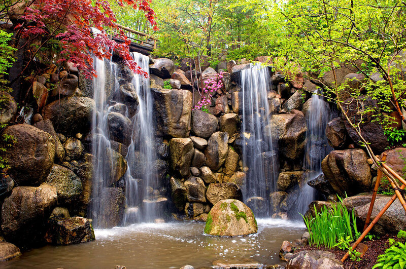 Waterfall in Garden — Green, Serene, Spring, Photograph, Trees, Rocks