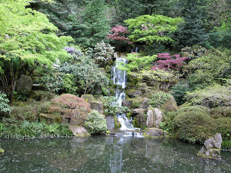 Waterfall in Garden — Green, Serene, Spring