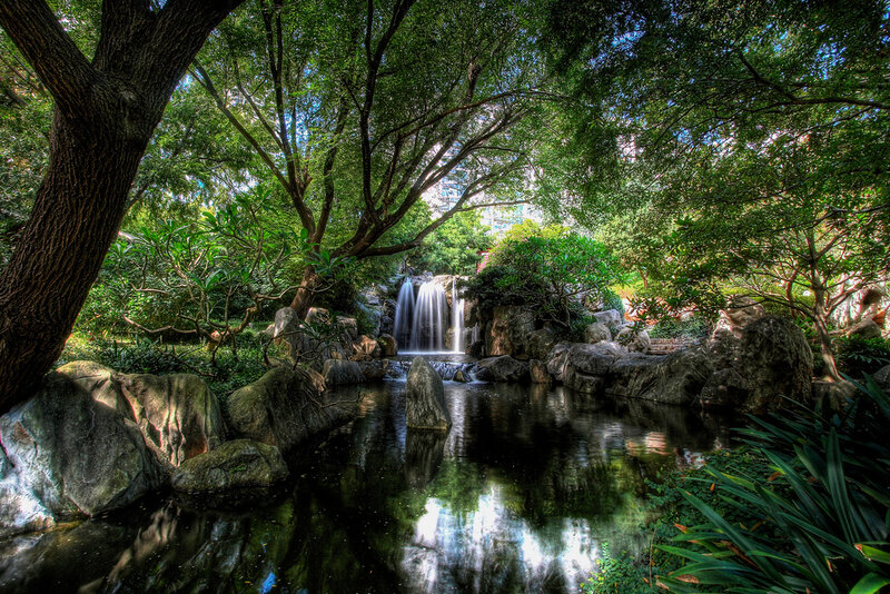Waterfall in Garden — Green, Serene