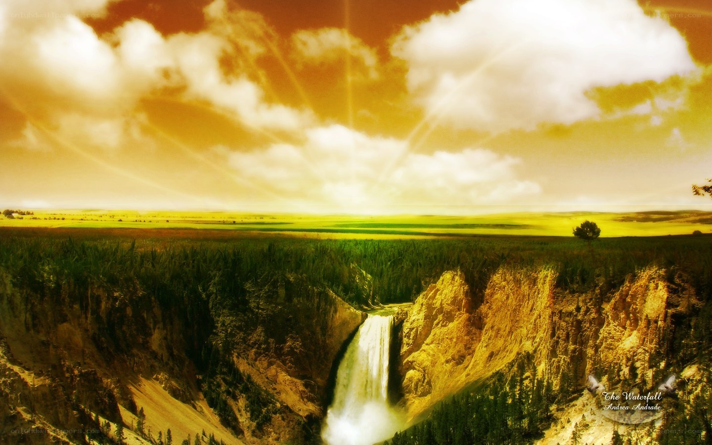 Waterfall in golden landscape