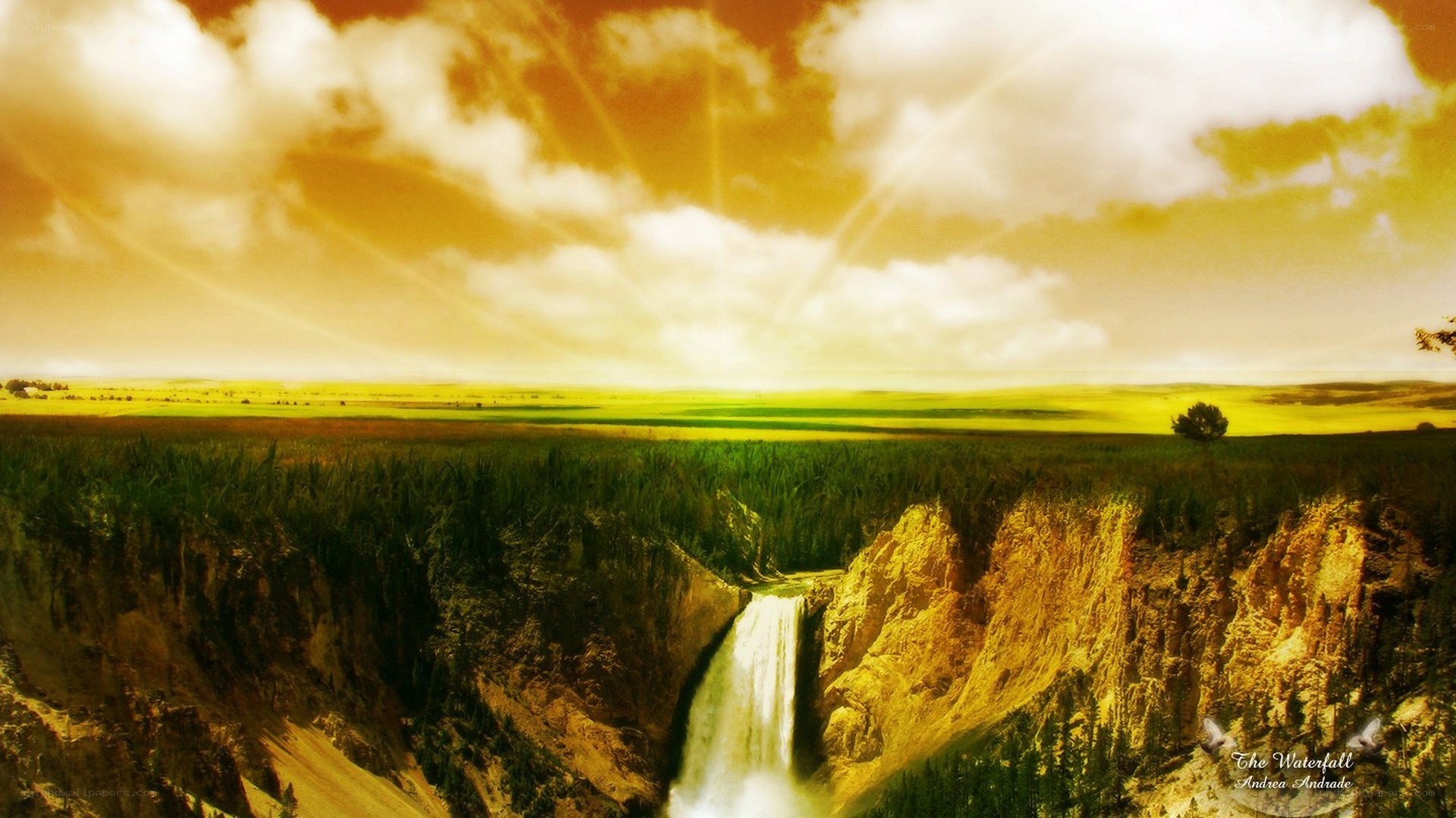 Waterfall in golden landscape