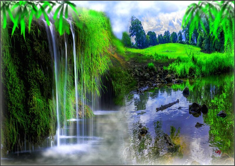 Waterfall in Green Landscape — Serene, Afternoon