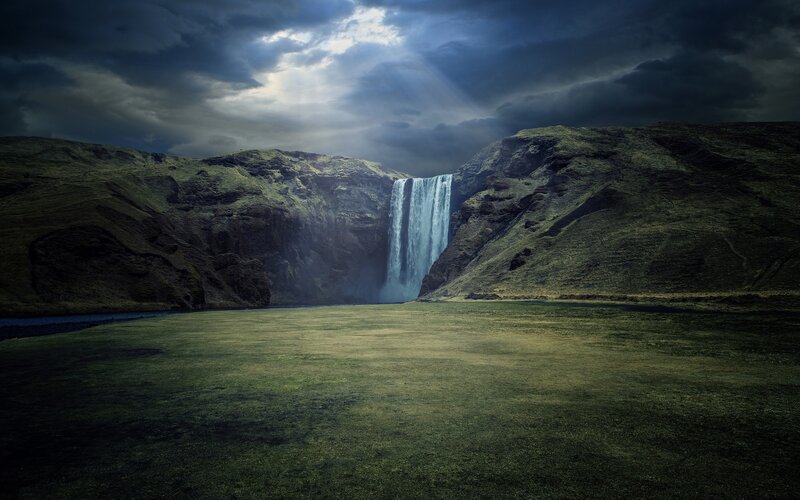 Waterfall in Green Valley — Dramatic, Night, Photograph, Mountains, Clouds