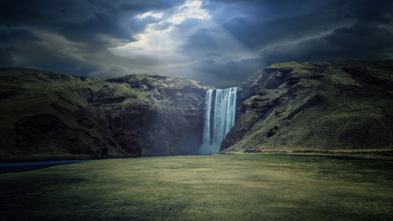 Waterfall in Green Valley — Dramatic, Photograph, Mountains
