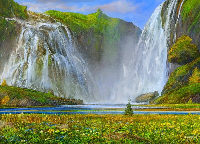 Waterfall in Green Valley — Serene, Afternoon, Digital Art