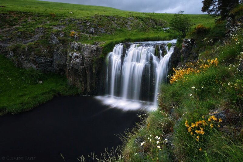 Waterfall in Green Valley — Serene, Afternoon, Photograph, Flowers