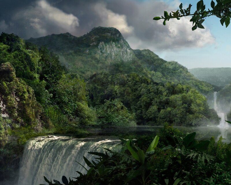 Waterfall in Jungle — Green, Dramatic, Digital Art, Mountain, River