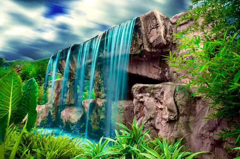 Waterfall in Jungle — Green, Dramatic, Digital Art