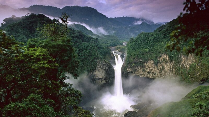 Waterfall in Jungle — Green, Dramatic, Morning, Photograph, Mountains