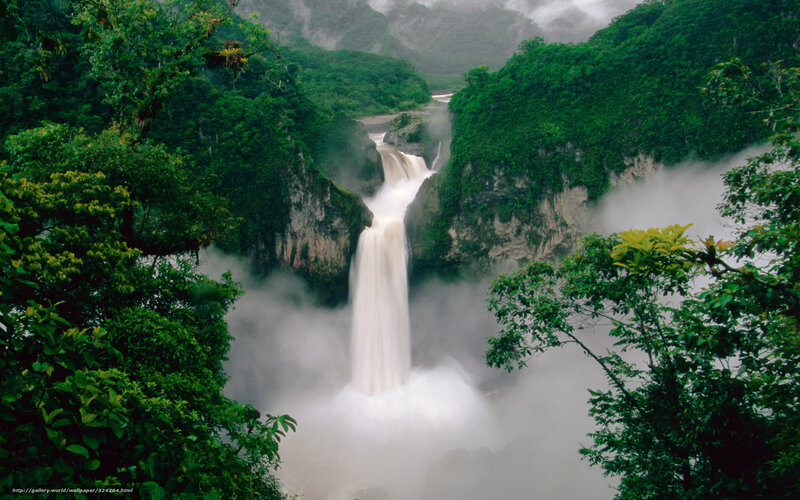 Waterfall in Jungle — Green, Misty, Photograph, River