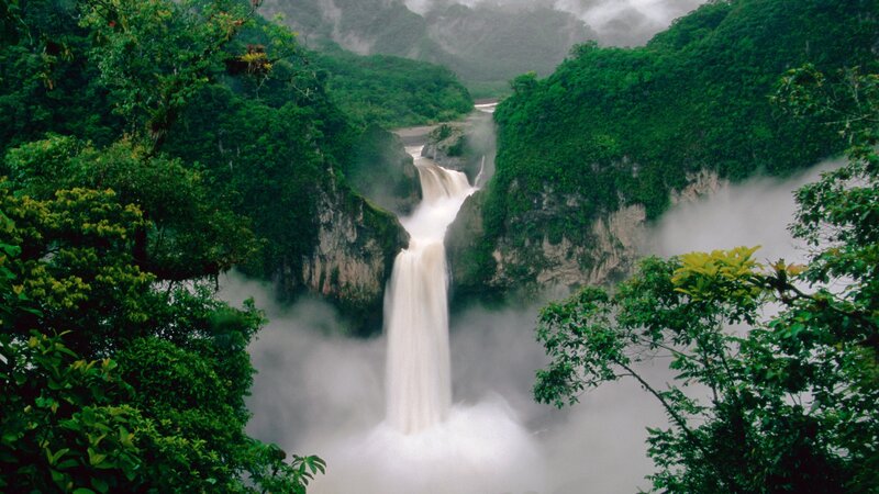 Waterfall in Jungle — Green, Misty
