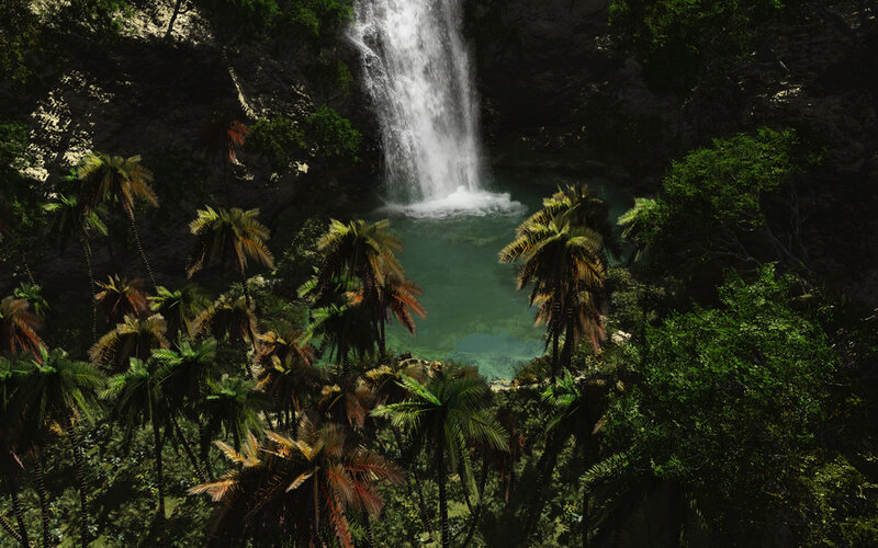 Waterfall in Jungle — Green, Serene, Afternoon, 3d Render, Palm Trees, Pool