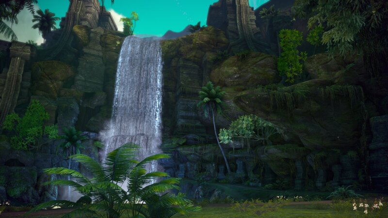 Waterfall in Jungle — Green, Serene, Afternoon, 3d Render, Ruins