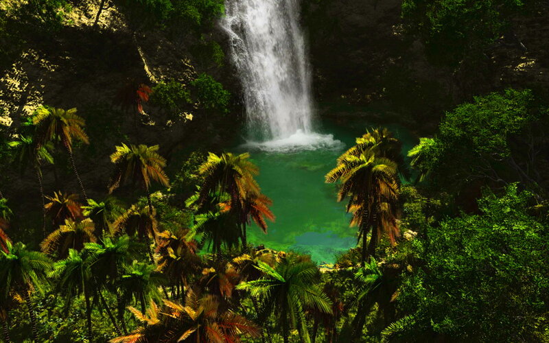 Waterfall in Jungle — Green, Serene, Afternoon, 3d Render