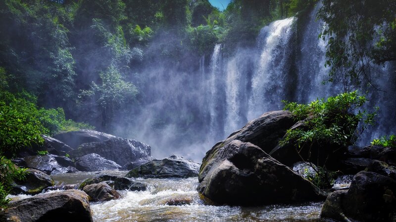 Waterfall in Jungle — Green, Serene, Afternoon, Photograph, River, Rocks, Mist