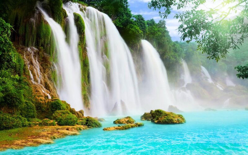 Waterfall in Jungle — Green, Serene, Afternoon, Photograph, Trees, Rocks, Pool