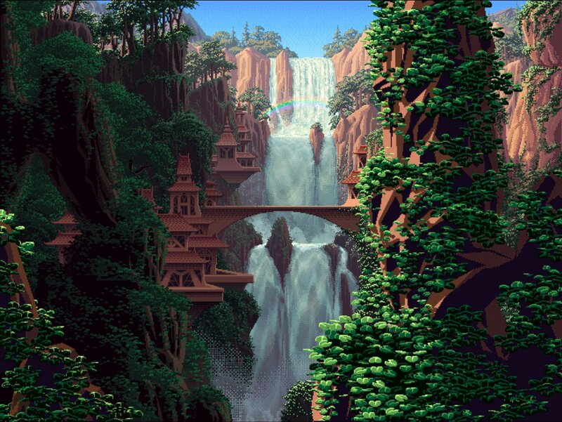 Waterfall in Jungle — Green, Serene, Afternoon, Pixel Art