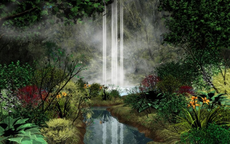 Waterfall in Jungle — Green, Serene, Digital Art, River