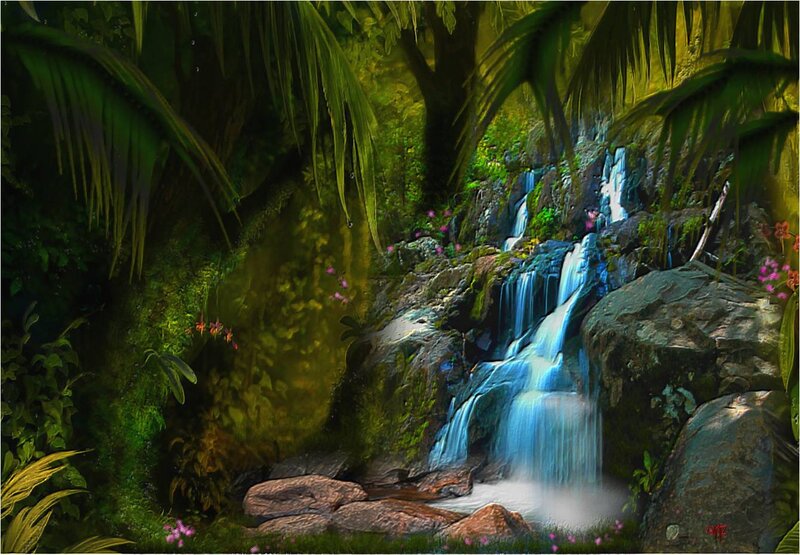 Waterfall in Jungle — Green, Serene, Digital Art, Rocks