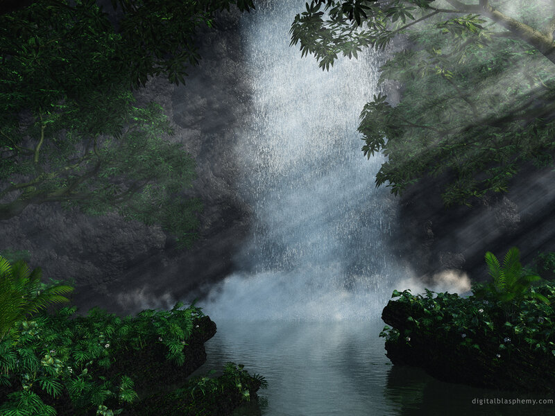 Waterfall in Jungle — Green, Serene, Digital Art