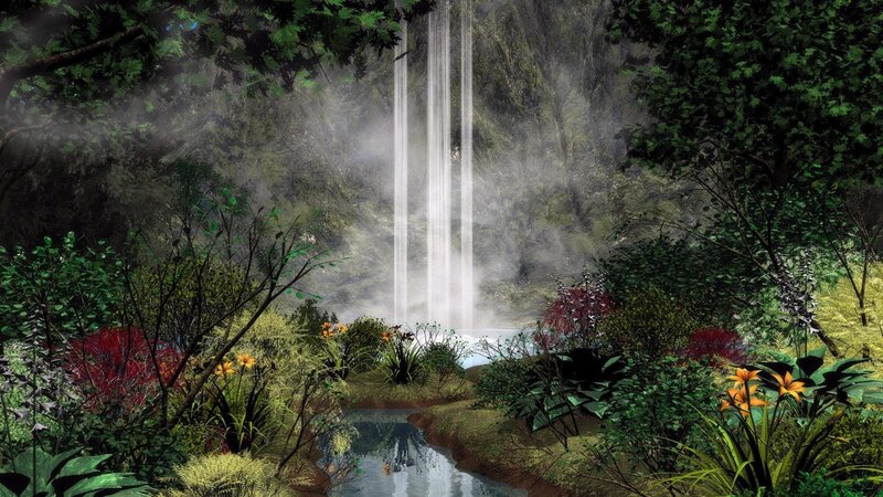 Waterfall in Jungle — Green, Serene, Digital Art, Trees