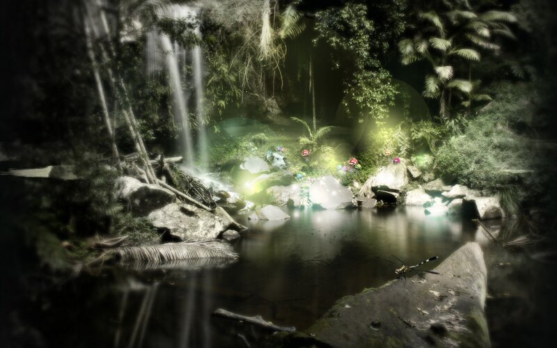 Waterfall in Jungle — Green, Serene, Night, Digital Art