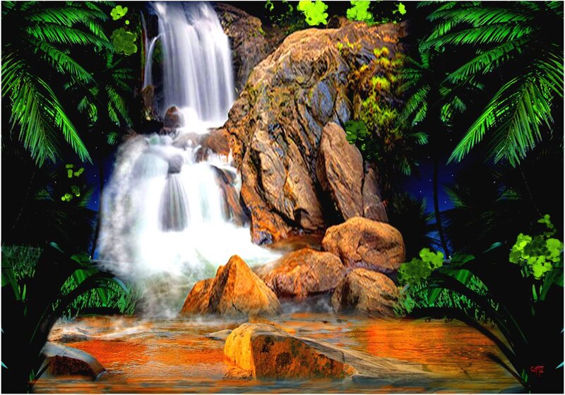 Waterfall in Jungle — Green, Serene, Night