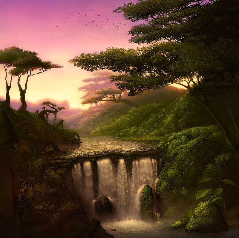 Waterfall in Jungle — Green, Serene, Sunset