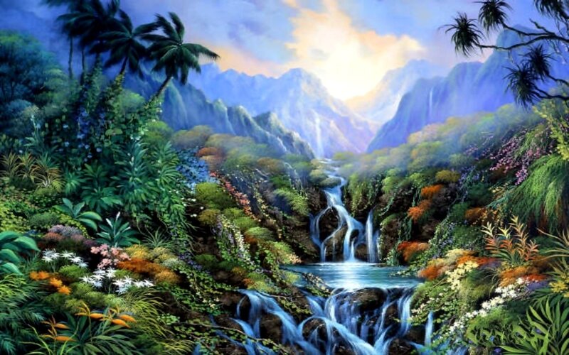 Waterfall in Jungle Valley — Green