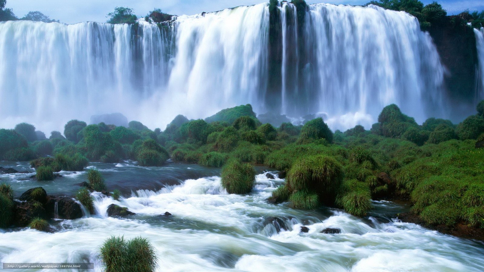 Waterfall in lush green landscape