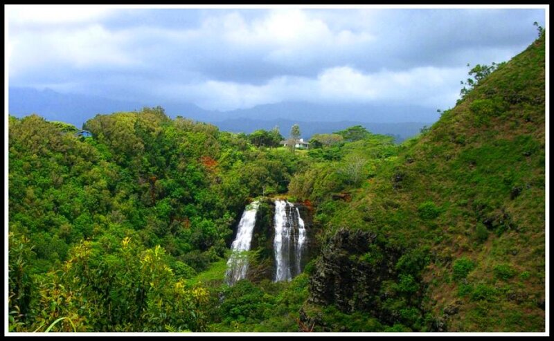 Waterfall in lush green valley