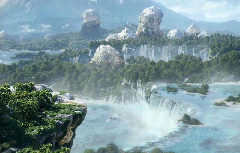 Waterfall in lush valley