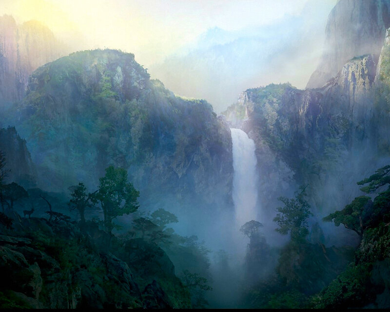Waterfall in Mountain Canyon — Blue